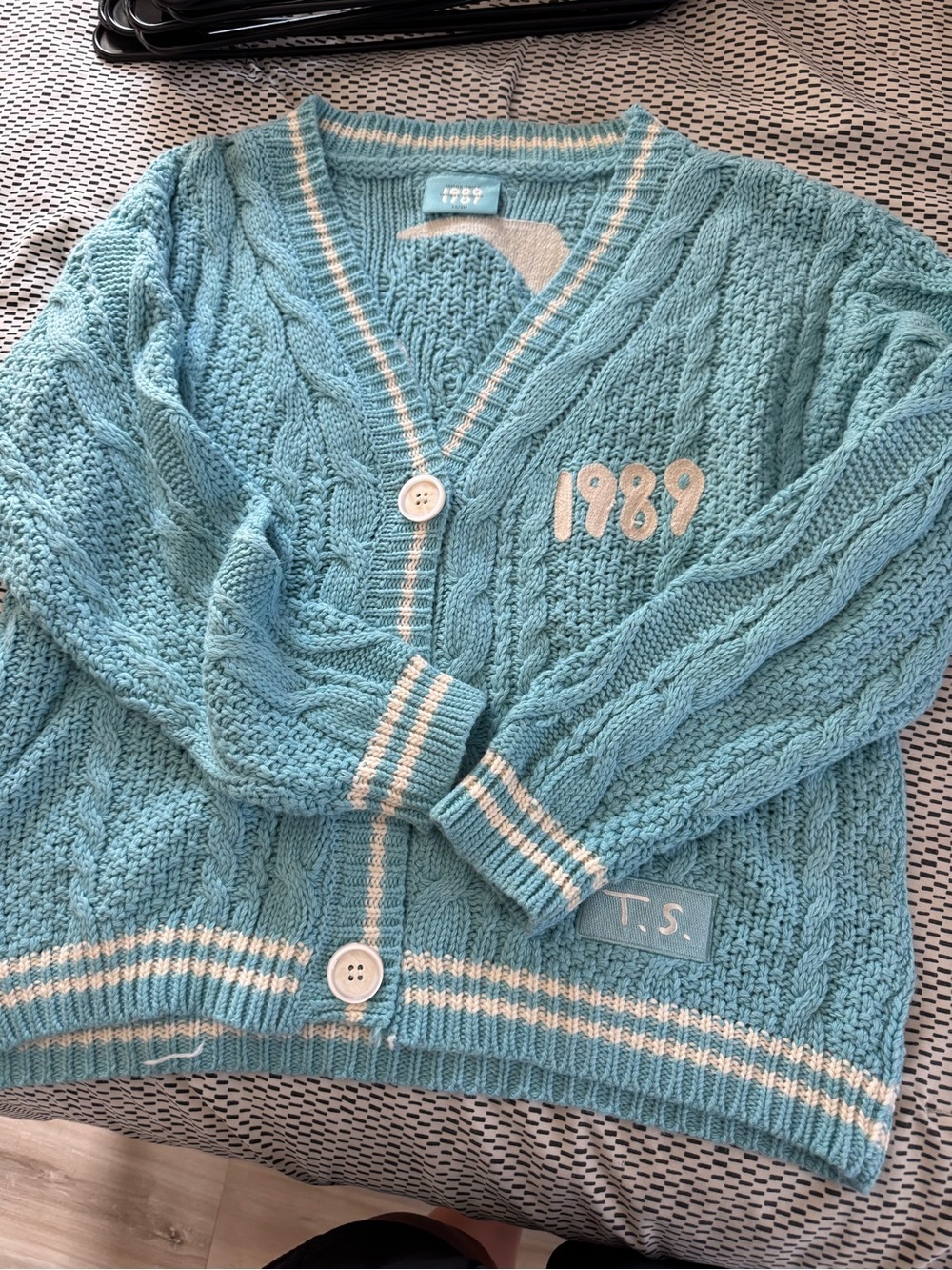 Taylor Swift Blue Cable Knit 1989 Cardigan with White Trim